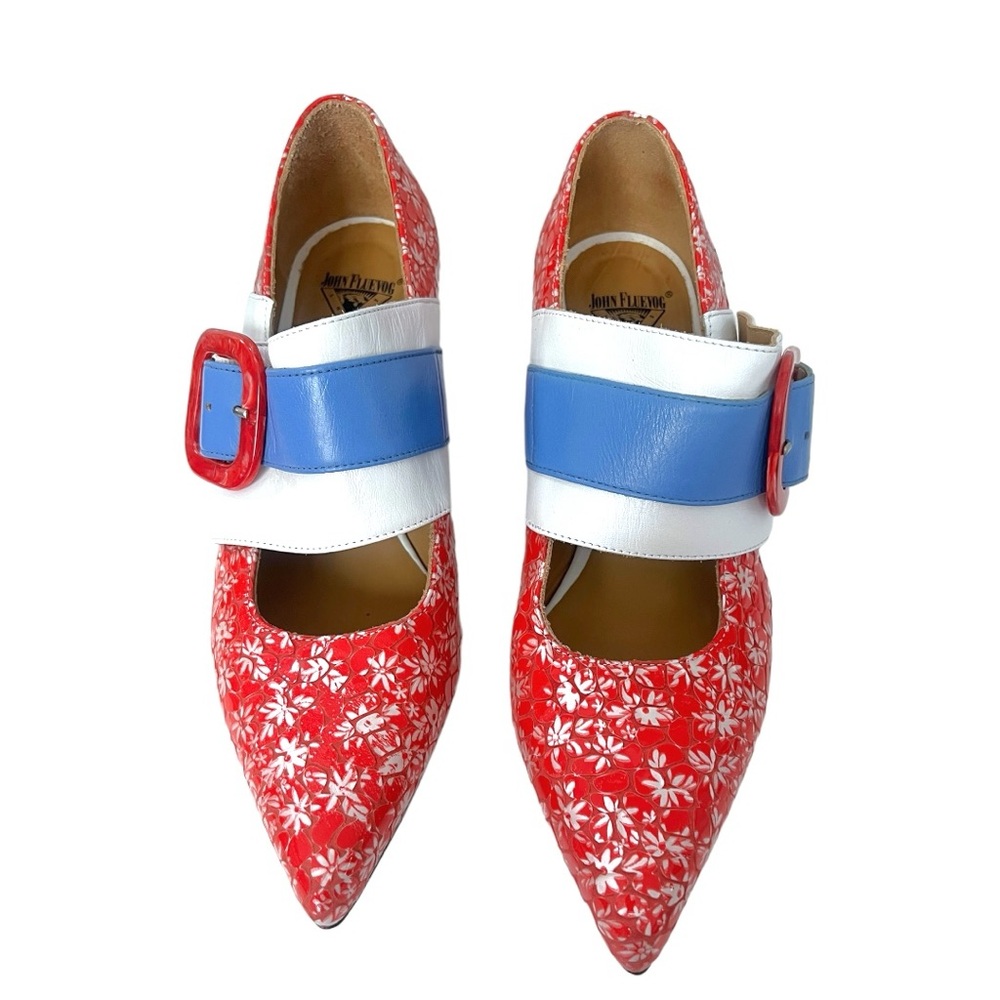 John Fluevog Red Floral Felicity Vintage Inspired Mary Janes Sz 9.5 (No BOX) - Picture 2 of 13